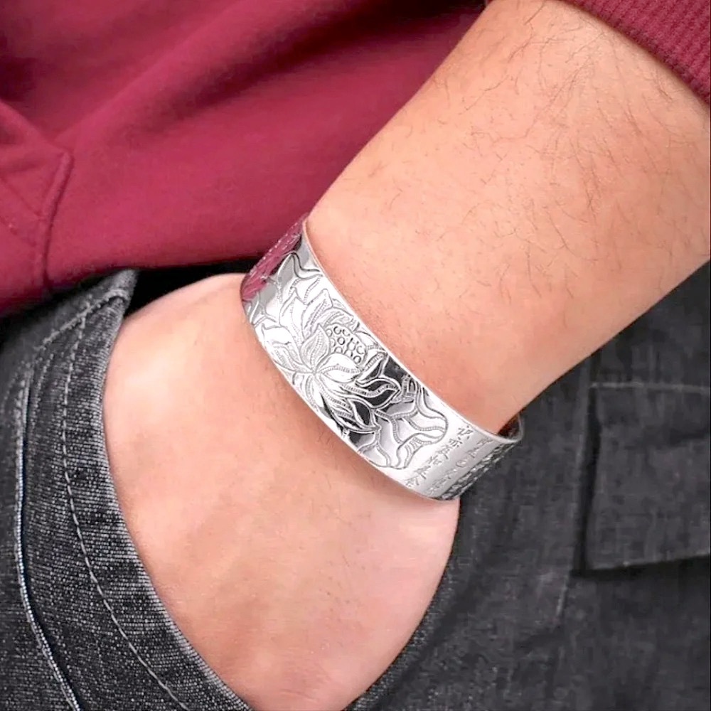 Unisex Large S999 Thai Pure Silver Lotus‎ Cuff Bracelet, Adjustable